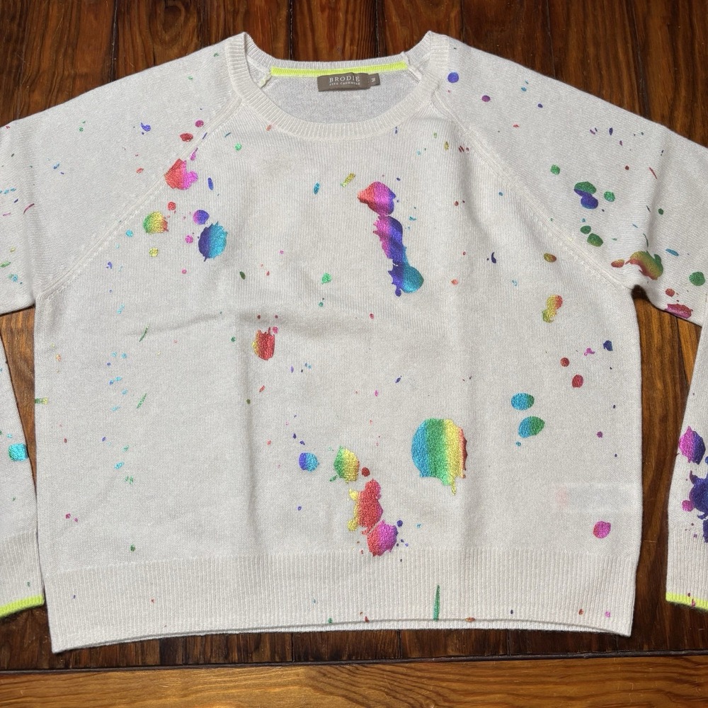 Brodie Fine Cashmere Beige Rainbow Foil Paint Splatter Sweater Sz M A1135